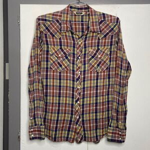 Salt Valley Western Pearl Snap L/S  Flannel Shirt Size L Red Blue Plaid Men